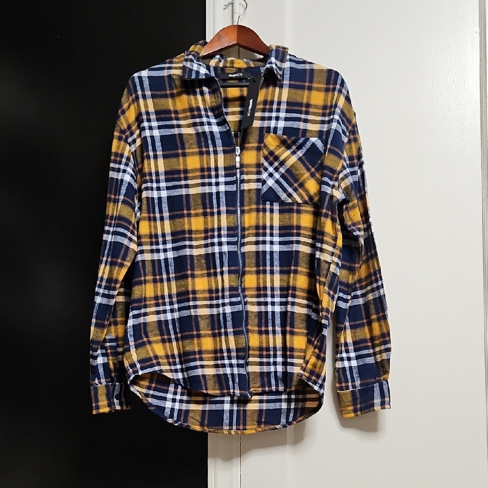 Fashion Nova Yellow and Blue Plaid Casual Button Down Shirt